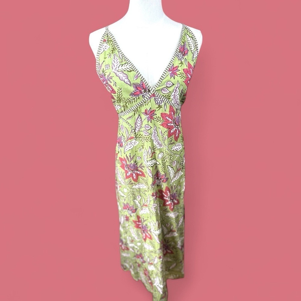 Kaantha Karma NWOT Size Sm- Med adjustable‎ Blockprint Floral Green Midi Dress